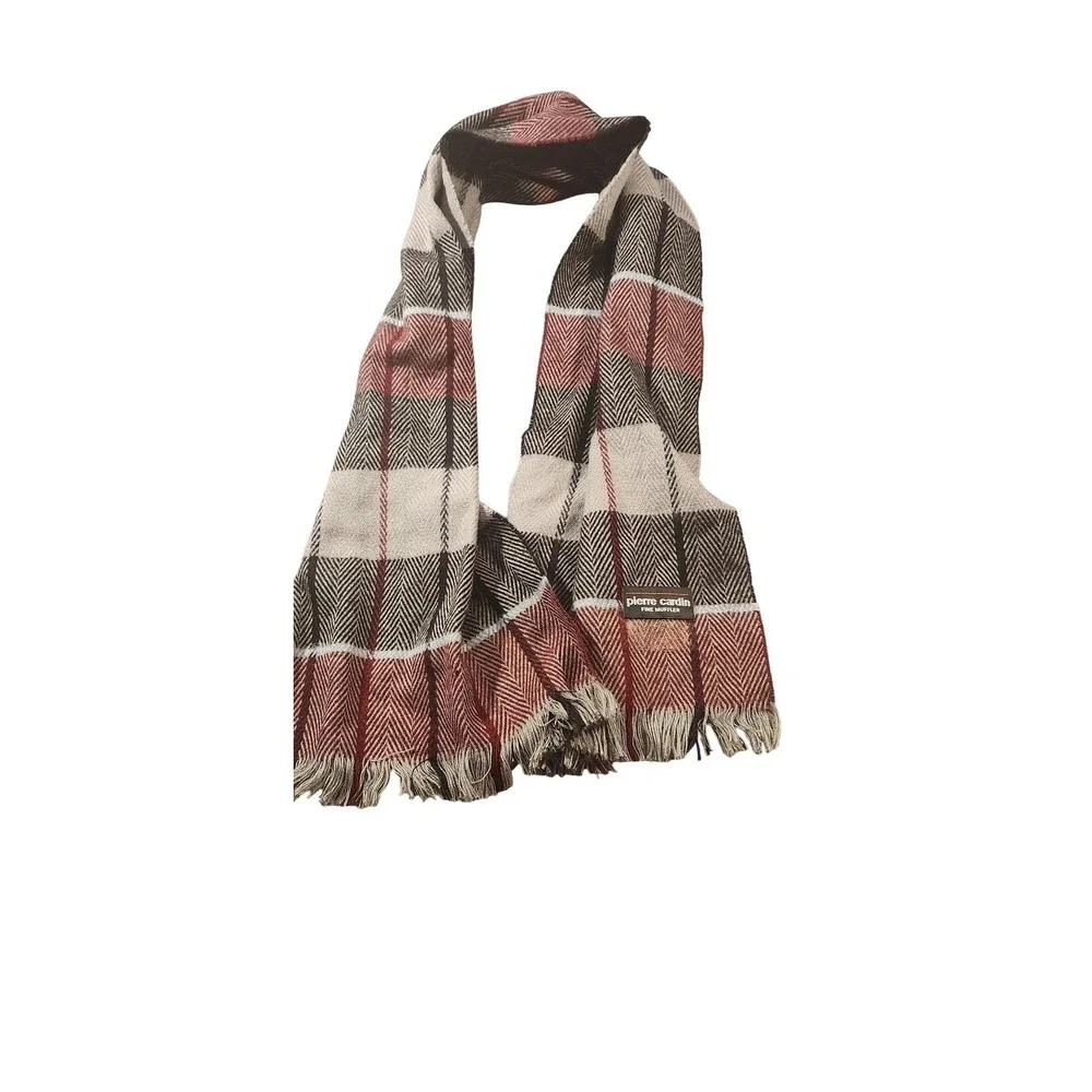 VINTAGE Pierre Cardin Scarf Mens One‎ Size Gray Plaid Fine Muffler Fringe Winter